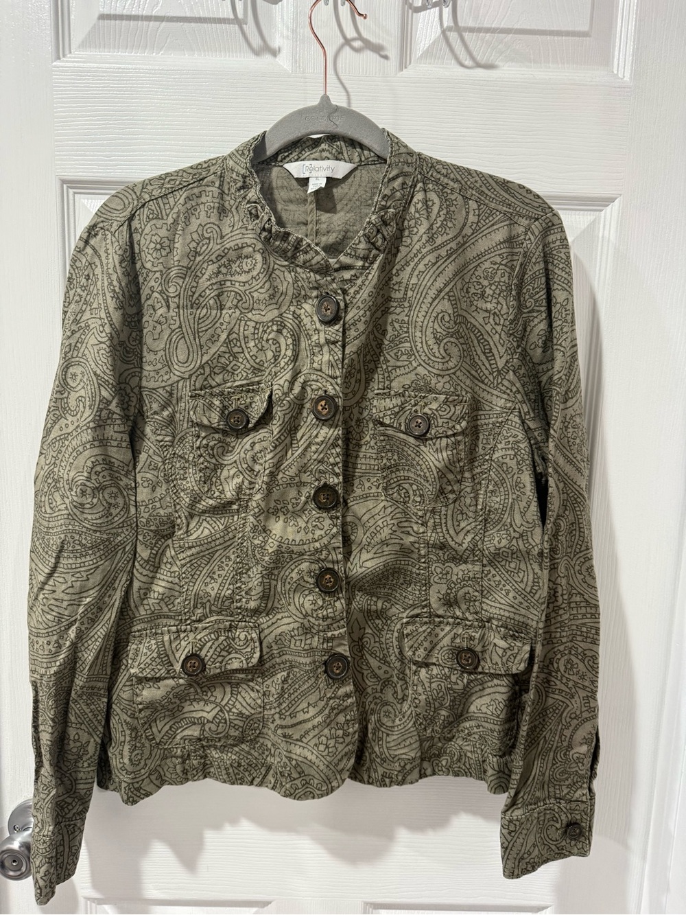 Relativity 100 % Linen Olive Paisley Utility Jacket